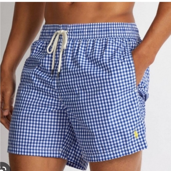 Polo Ralph Lauren gingham blue white trunks mesh lining 5.5” XL drawstring - Picture 2 of 9